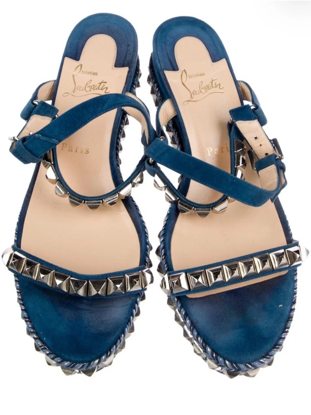 Christian Louboutin Blue Studded Braided Platform Sandals, Pyraclou, size 9